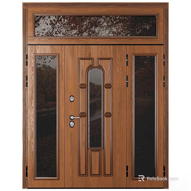 Modern Wooden Security Door With Decorative Glass Panels And Secure Lock Mechanism 3d model 