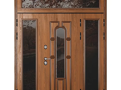 Modern Wooden Security Door With Decorative Glass Panels And Secure Lock Mechanism 3d model