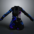 Stylish Black Jumpsuit With Blue And Purple Decorative Patterns Zipper Detail And Belt