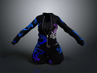 Stylish Black Jumpsuit With Blue And Purple Decorative Patterns Zipper Detail And Belt 3d model