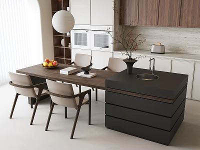 Modern Dining Table Set With Chairs Cabinets Pendant Light And Fruit Decoration 3d model