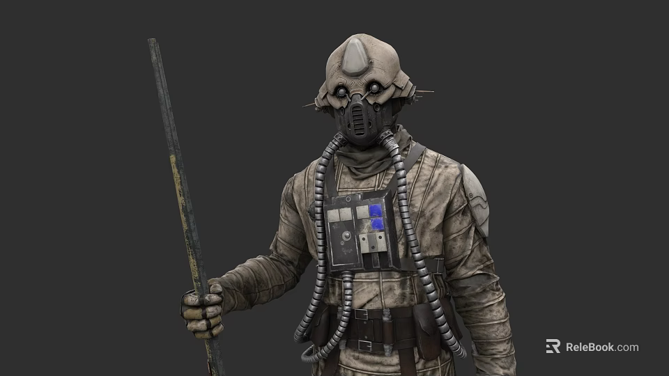 Post Apocalyptic Game Character With Breathing Mask Holding Staff And Mechanical Uniform 3d model 