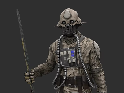 Post Apocalyptic Game Character With Breathing Mask Holding Staff And Mechanical Uniform 3d model