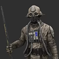 Post Apocalyptic Game Character With Breathing Mask Holding Staff And Mechanical Uniform