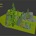 3D Forest Scene Model With Pine Trees Rocks Castle And Green Base 3d model