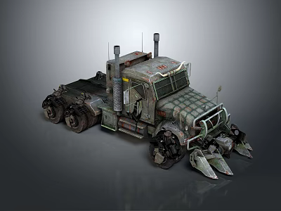Armored Military Style Old Truck With Large Tires Exhaust Pipes And Front Claws 3d model