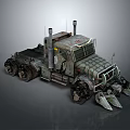 Armored Military Style Old Truck With Large Tires Exhaust Pipes And Front Claws