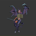 Fantasy Mythical Character 3D Render With Purple Blue Wings Weapon And Scroll