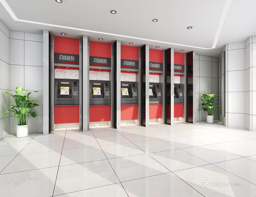 Modern Service Hall Featuring Red Self Service Terminals Green Plants And White Tiled Floor 3d model 