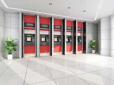 Modern Service Hall Featuring Red Self Service Terminals Green Plants And White Tiled Floor 3d model