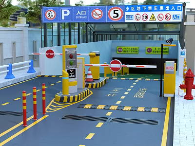 Modern Parking Lot Entrance Featuring Barrier Gate Warning Stripes Yellow Guidance Lines And Traffic Signs 3d model