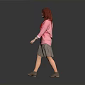 Red Haired Woman Wearing Pink Top And Gray Skirt Walking Against Gray Background
