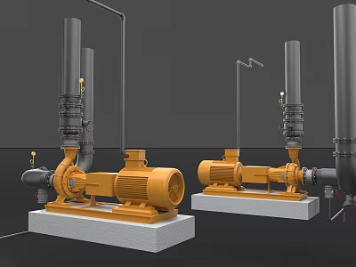 Industrial Equipment Featuring Yellow Motorized Pumps With Concrete Bases And Pipes 3d model