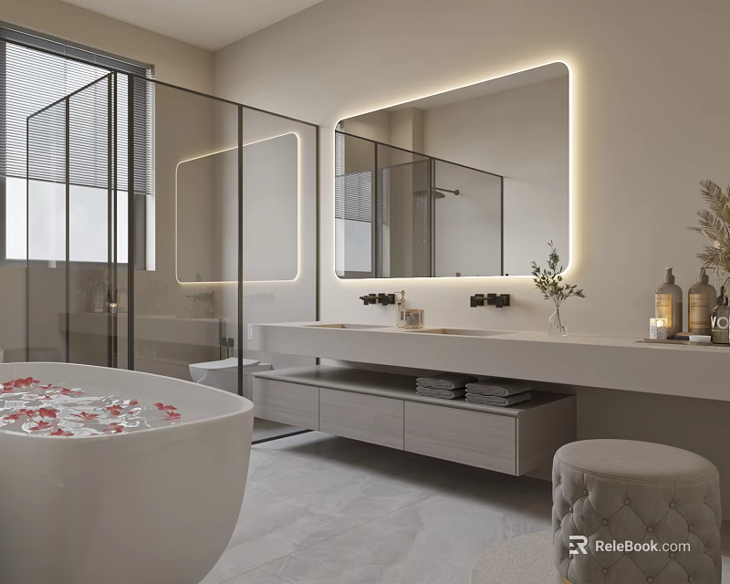 Modern Bathroom With Backlit Mirror Double Vanity Bathtub And Glass Shower 3d model 