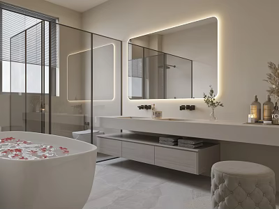 Modern Bathroom With Backlit Mirror Double Vanity Bathtub And Glass Shower 3d model