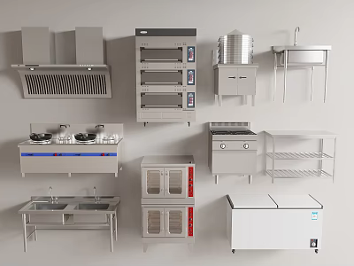 Commercial Kitchen Equipment Set Featuring Stainless Steel Ranges Ovens Sinks And Storage 3d model