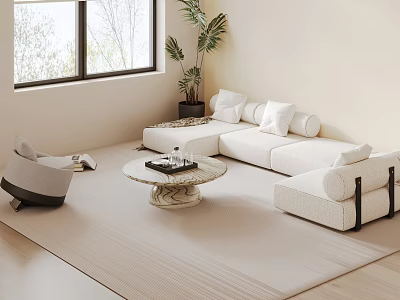 Minimalist Beige Sectional Sofa In Modern Living Room With Window Plant And Coffee Table 3d model