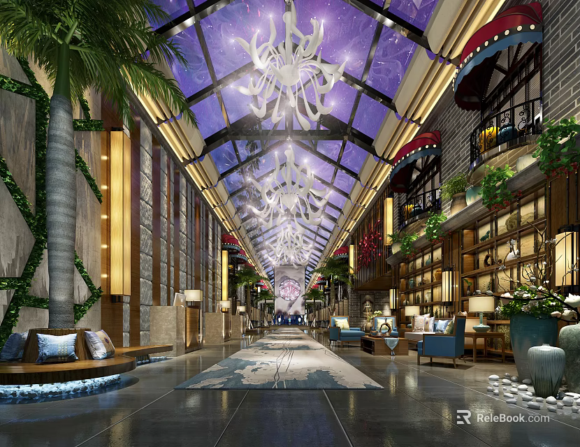 Stunning Hotel Lobby With Glass Ceiling Grand Chandeliers Green Plants And Comfortable Seating 3d model 