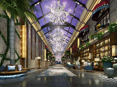 Stunning Hotel Lobby With Glass Ceiling Grand Chandeliers Green Plants And Comfortable Seating 3d model