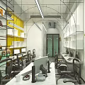 Modern Public Office Space With Large Windows Desks Computers And Ergonomic Chairs