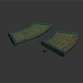Pair of Curved Wooden Footstools With Dark Frame And Striped Surface