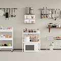 Kitchen Storage Shelves Wall Mounted and Freestanding with Jars Bowls Microwave Fruits and Plates