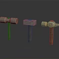 Essential Hardware Tools Three Different Hammers with Metal Heads and Wooden Handles