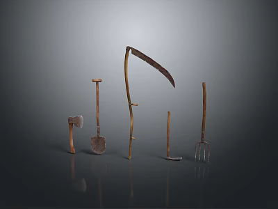 Vintage Farming Tools Collection Featuring Sickle Axe Shovel Hoe and Fork with Wooden Handles 3d model