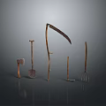 Vintage Farming Tools Collection Featuring Sickle Axe Shovel Hoe and Fork with Wooden Handles