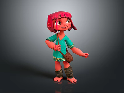 Cartoon Style 3D Female Character With Red Short Hair Green Top Brown Satchel And Barefoot 3d model