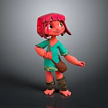 Cartoon Style 3D Female Character With Red Short Hair Green Top Brown Satchel And Barefoot