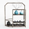 Wooden Chinese Antique Display Shelf With Blue Vase Light Blue Jar And Tea Sets