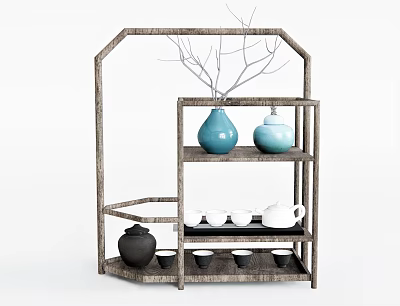 Wooden Chinese Antique Display Shelf With Blue Vase Light Blue Jar And Tea Sets 3d model