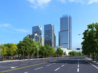 Modern High Rise Office Buildings In Cityscape With Trees And Road Under Blue Sky 3d model