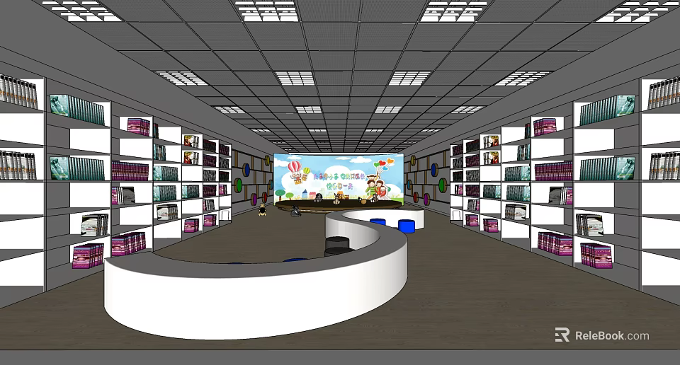 Kindergarten Interior Design With Curved Reception Desk Bookshelves Cartoon Screen Balloon Decorations And Ceiling Lights 3d model 