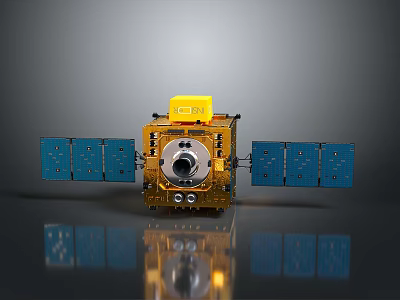 Advanced Satellite Equipment With Golden Main Body Yellow Top And Blue Solar Panels 3d model