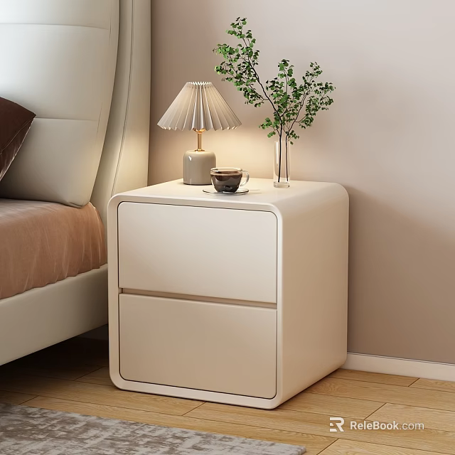 Cozy Bedroom Interior Featuring White Nightstand With Table Lamp Coffee Cup And Green Plant Vase 3d model 