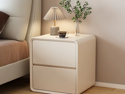 Cozy Bedroom Interior Featuring White Nightstand With Table Lamp Coffee Cup And Green Plant Vase 3d model