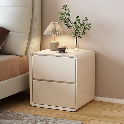 Cozy Bedroom Interior Featuring White Nightstand With Table Lamp Coffee Cup And Green Plant Vase 3d model