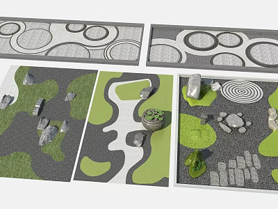 Garden Decorative Layouts With Green Lawn Stone Path Circular Patterns And Potted Plants 3d model