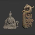 Ancient Chinese Sculptures Featuring Seated Figure And Dragon Carving With Intricate Patterns