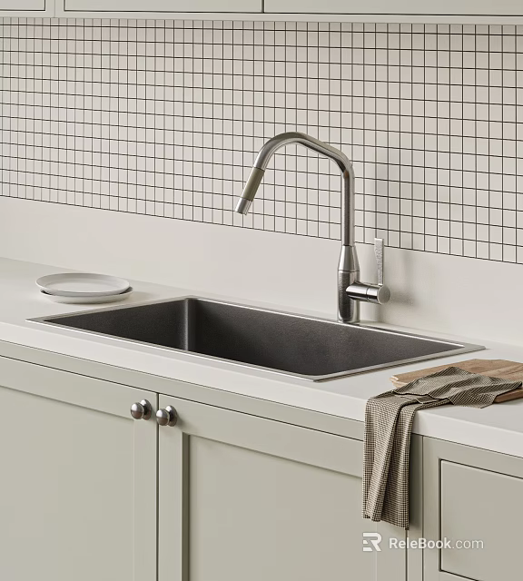 Modern Kitchen Stainless Steel Sink With Silver Faucet Grid Tile Backsplash And White Cabinets 3d model 