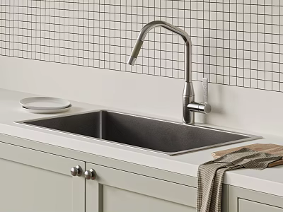 Modern Kitchen Stainless Steel Sink With Silver Faucet Grid Tile Backsplash And White Cabinets 3d model