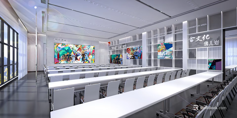 Modern School Multipurpose Hall Featuring Colorful Wall Art White Tables Chairs And Bookshelves 3d model 
