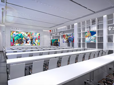 Modern School Multipurpose Hall Featuring Colorful Wall Art White Tables Chairs And Bookshelves 3d model