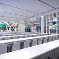 Modern School Multipurpose Hall Featuring Colorful Wall Art White Tables Chairs And Bookshelves