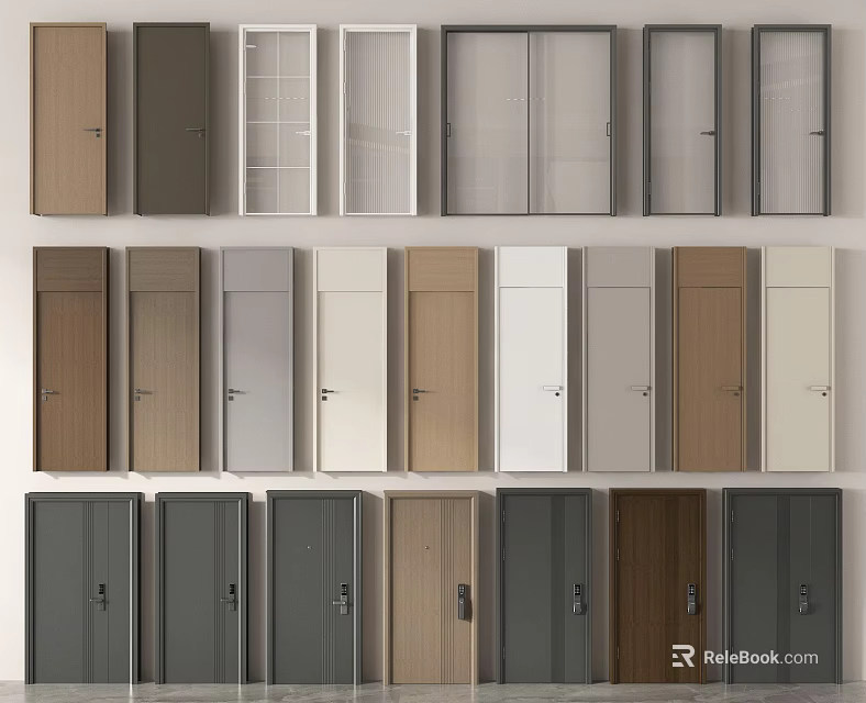 Stylish Hinged Doors With Various Colors Materials And Designs For Home Interior Design 3d model 