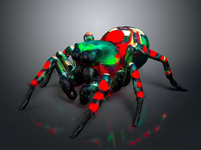 Colorful Spider with Green Red Spots Striped Legs and Shiny Exoskeleton Against Dark Background 3d model