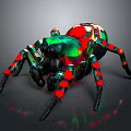 Colorful Spider with Green Red Spots Striped Legs and Shiny Exoskeleton Against Dark Background