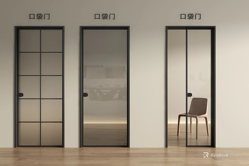 Modern Hinged Door Interior With Black Frames And Various Glass Panel Designs 3d model